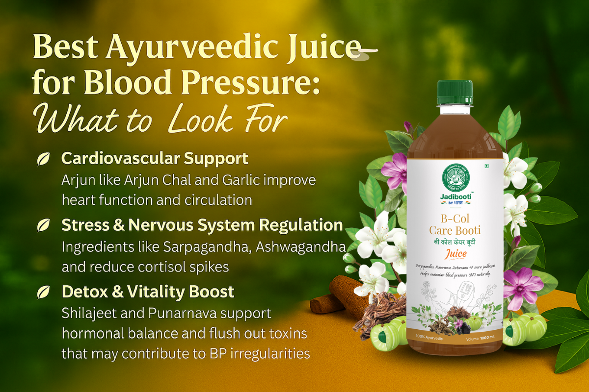 Promotional graphic for an Ayurvedic juice designed to support blood pressure management, featuring a bottle surrounded by herbs and flowers in a lush green forest setting. Text highlights benefits for cardiovascular health, nervous system regulation, and